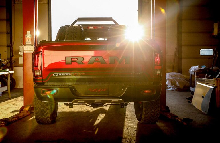 dramatically lit tailgate of the 2017 Ram 1500 Rebel