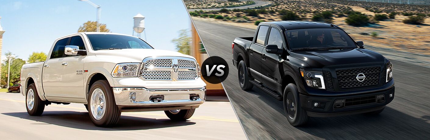 white 2018 Ram 1500 next to a black 2018 Nissan Titan in a comparison image