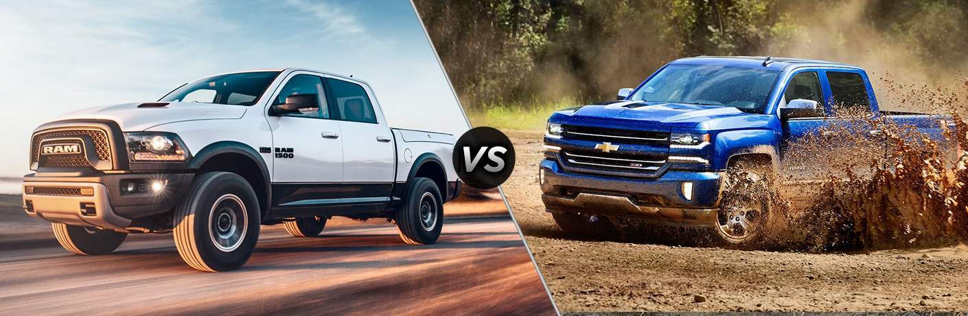 image showing a 2018 Ram 1500 vs 2018 Chevy Silverado comparison with each vehicle on one side with a "vs" between them