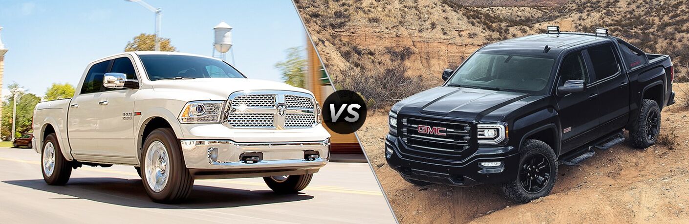 side by side images of the 2018 Ram 1500 and 2018 GMC Sierra