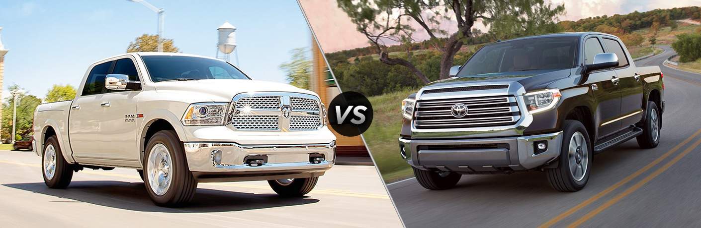 comparison image of 2018 Ram 1500 and 2018 Toyota Tundra trucks