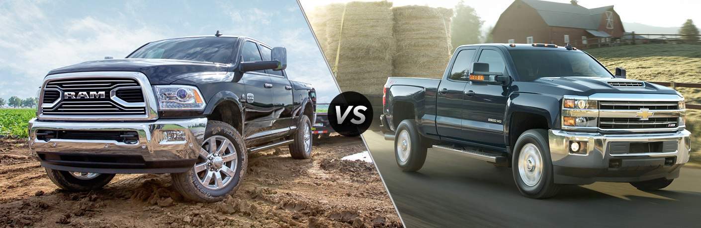 side by side images of the 2018 Ram 2500 and 2018 Chevy Silverado 2500HD in the country