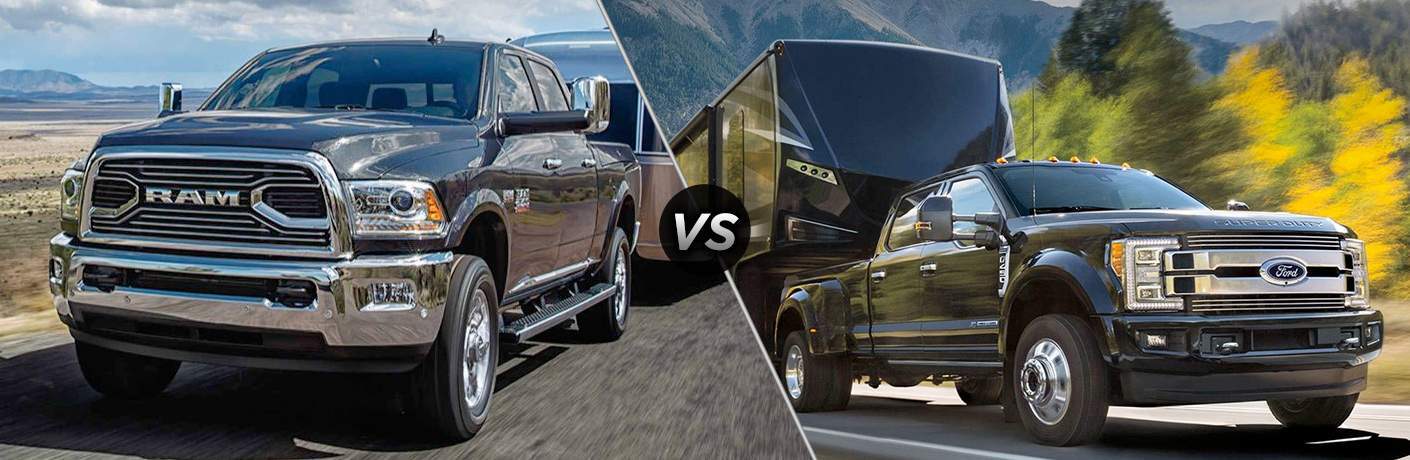 A 2018 Ram 2500 and a 2018 Ford F-250, both in black, side by side in a comparison image