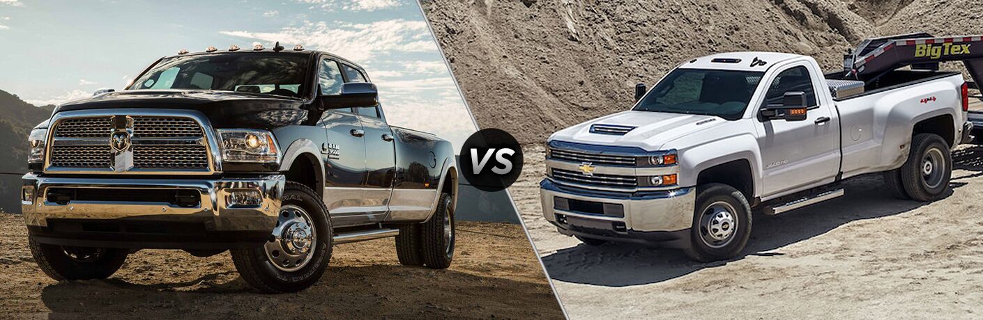 side by side images of the 2018 Ram 3500 and 2018 Chevy Silverado 3500HD