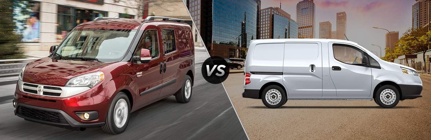 a red 2018 Ram ProMaster City and a white 2018 Chevy City Express sharing space in a comparison image