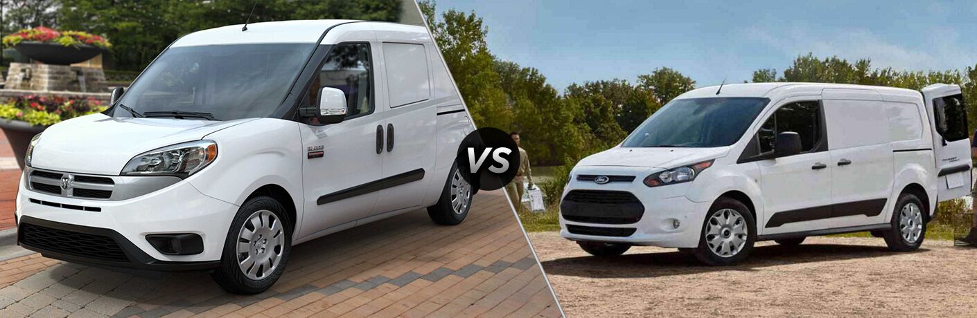 side by side images of white 2018 Ram ProMaster City and 2018 Ford Transit Connect cargo vans
