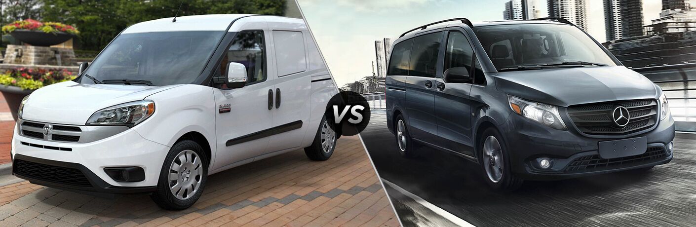 2018 Ram ProMaster City and 2018 Mercedes-Benz Metris in a side by side image