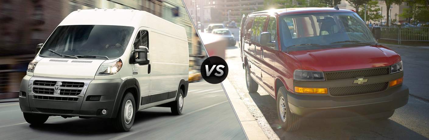 side by side images of a white 2018 Ram ProMaster and a red 2018 Chevy Express