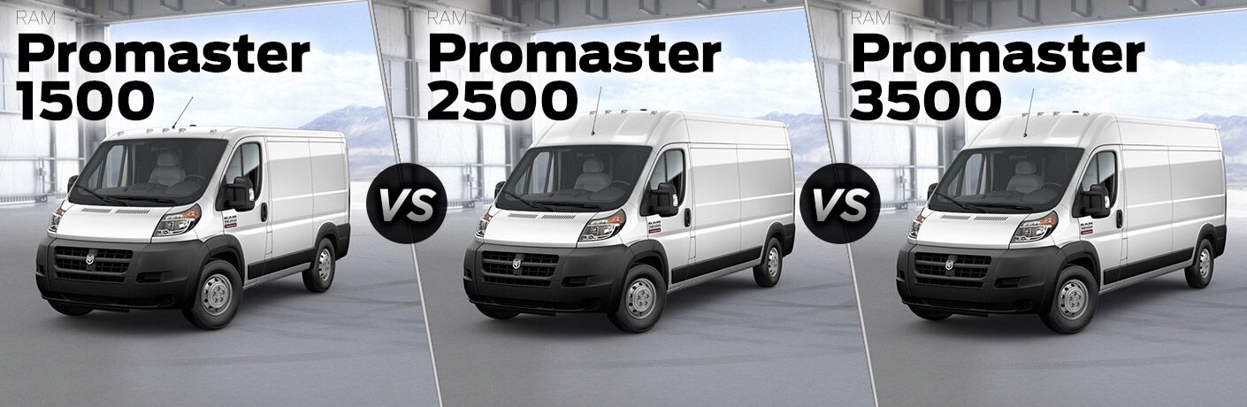 side by side images of the 2018 Ram ProMaster 1500, 2500 and 3500