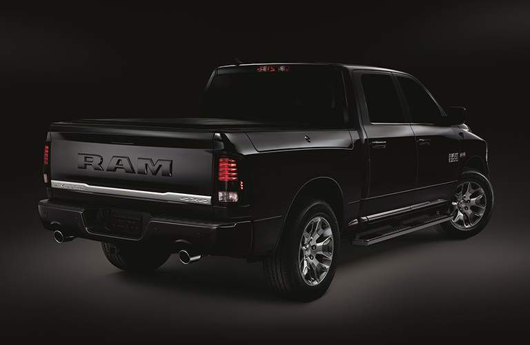 rear view of the 2018 Ram Limited Tungsten Edition in black with bold RAM tailgate lettering