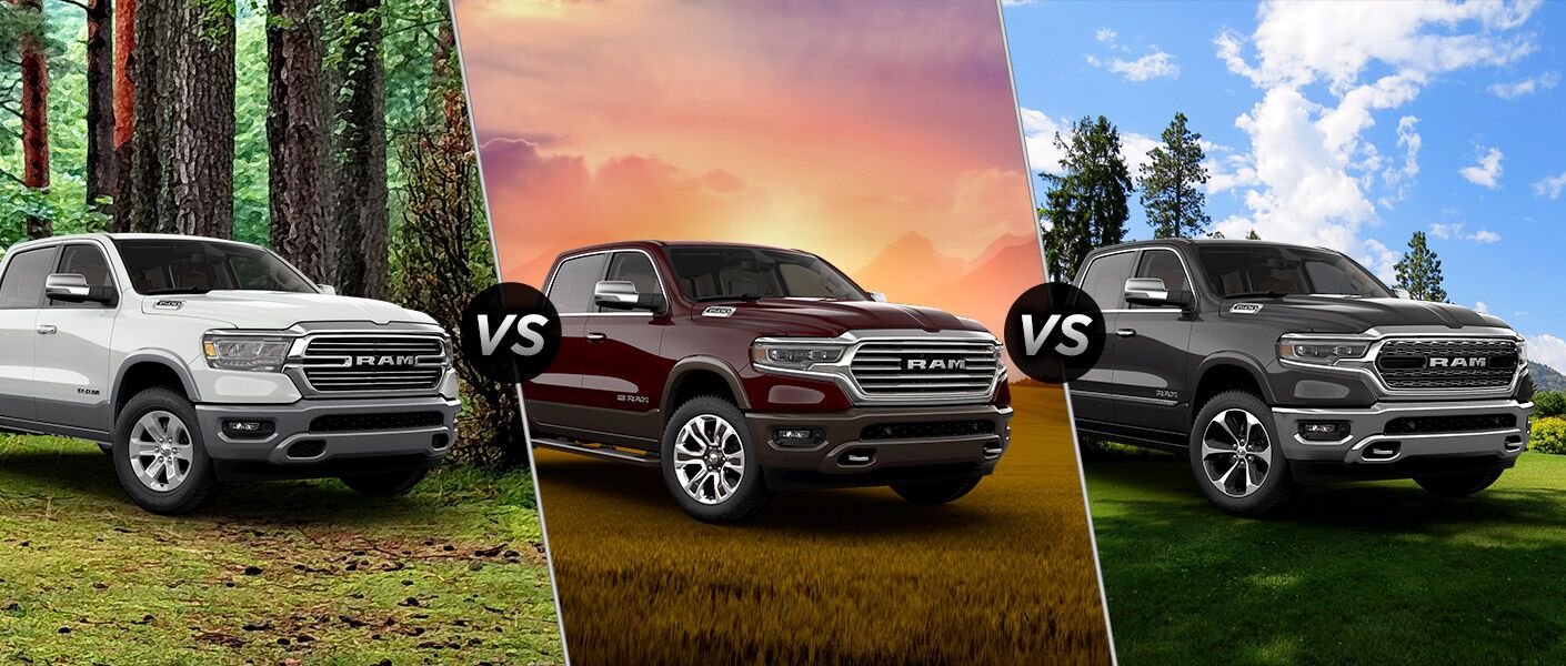 comparison image of the 2019 Ram 1500 Laramie vs Laramie Longhorn vs Limited