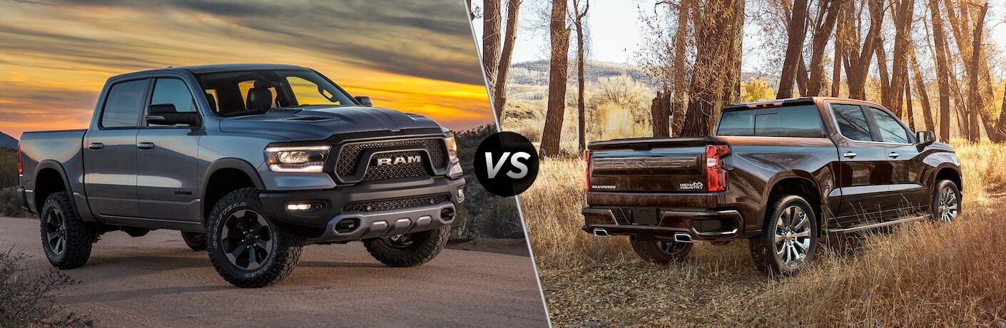 side by side images of the 2019 Ram 1500 and the 2019 Chevy Silverado