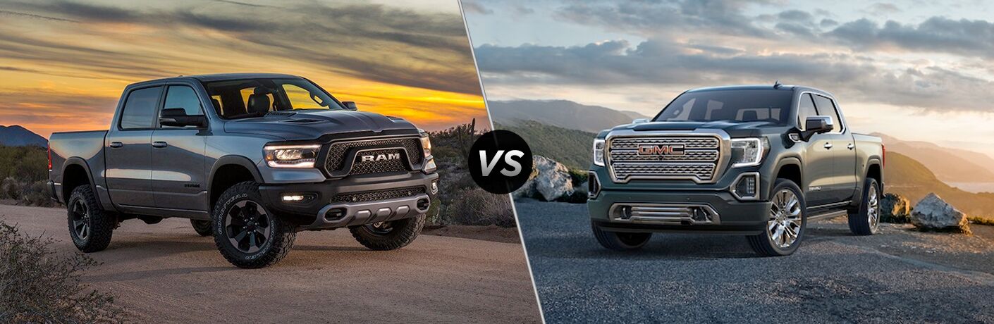 2019 Ram 1500 next to the 2019 GMC Sierra
