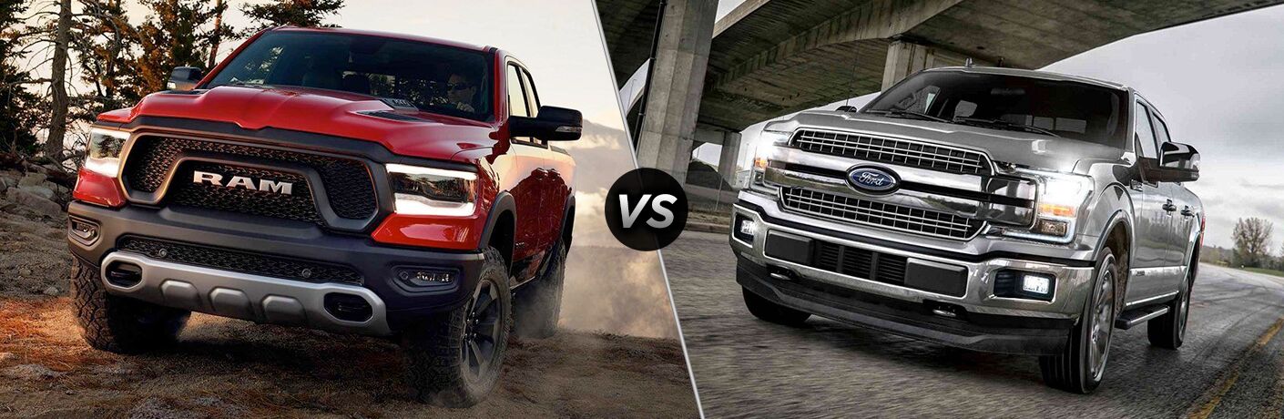 Red 2019 RAM 1500 next to silver 2019 Ford F-150