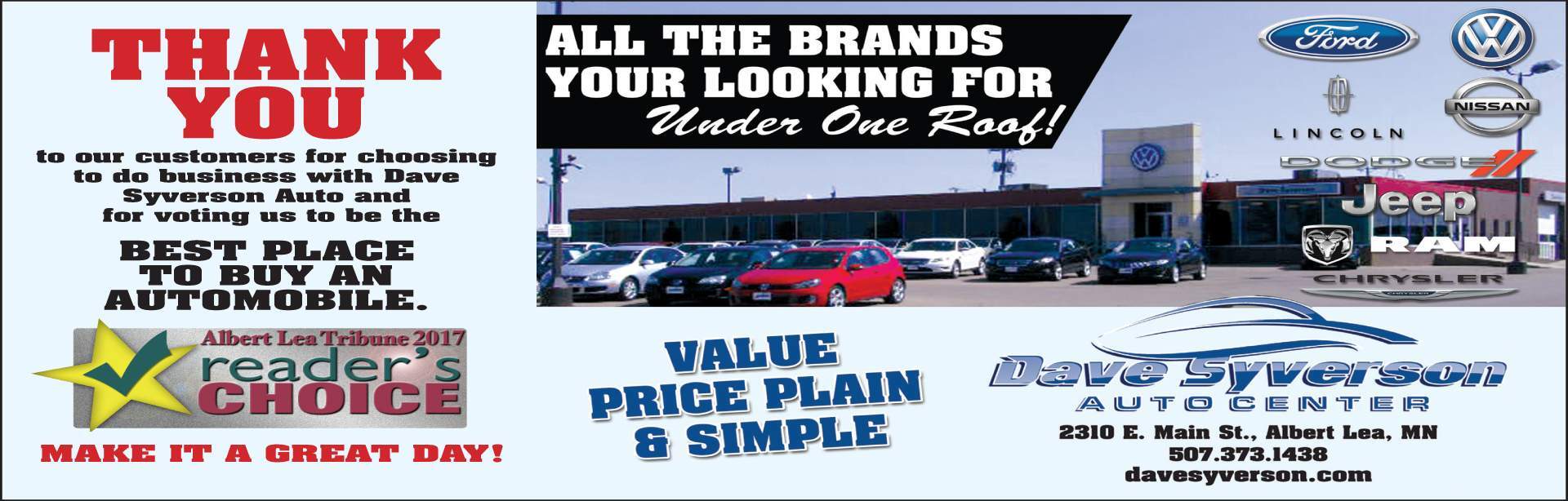 Chrysler Dodge Ford Jeep Lincoln Nissan RAM Dealership Albert Lea MN