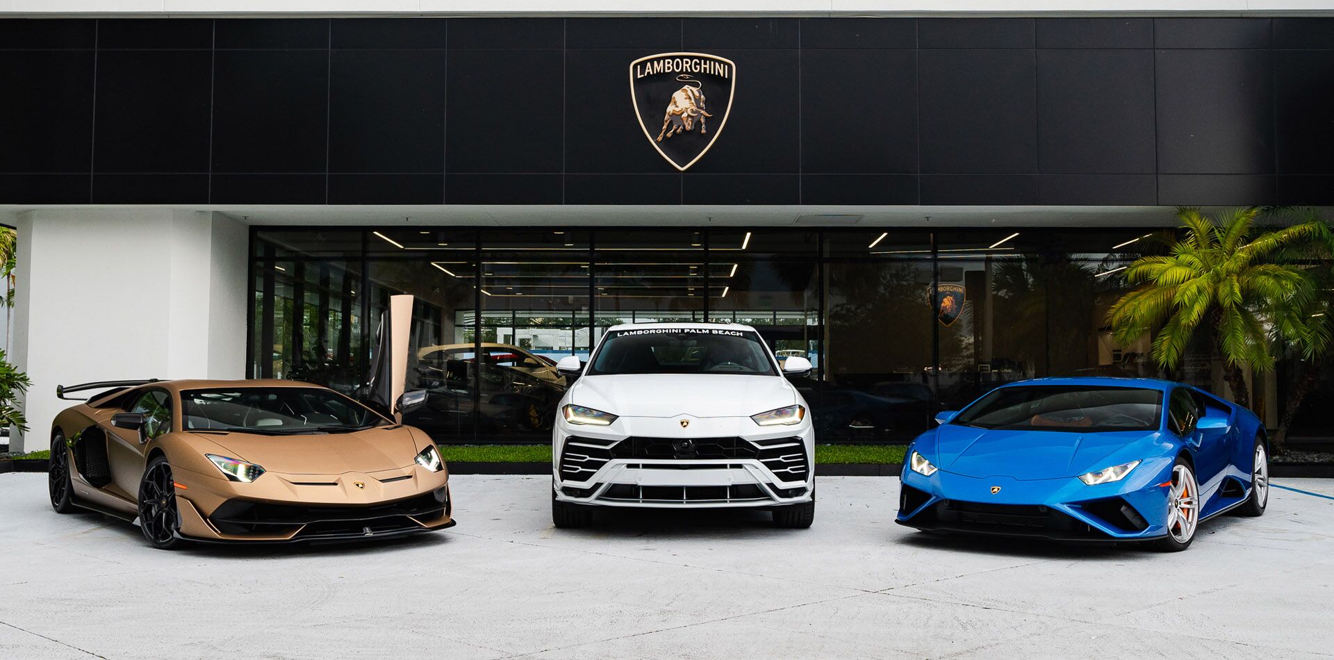 Staff with Lamborghinis in front of dealership