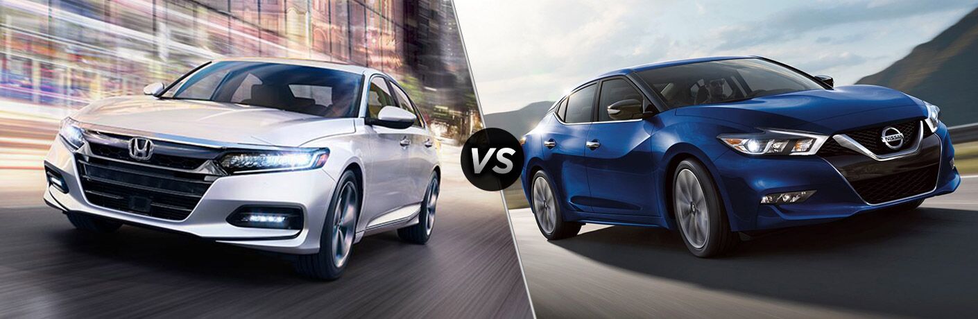 comparison image of a white 2018 Honda Accord and a blue 2018 Nissan Maxima