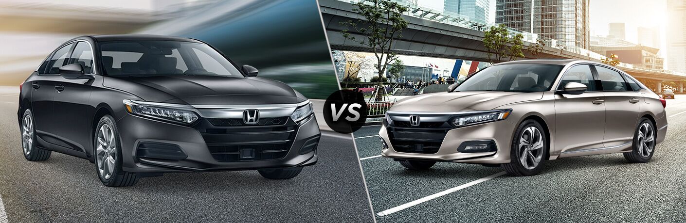 2019 Honda Accord exterior back fascia and passenger side vs 2019 Honda Accord EX exterior front fascia and driver side next to city bridge