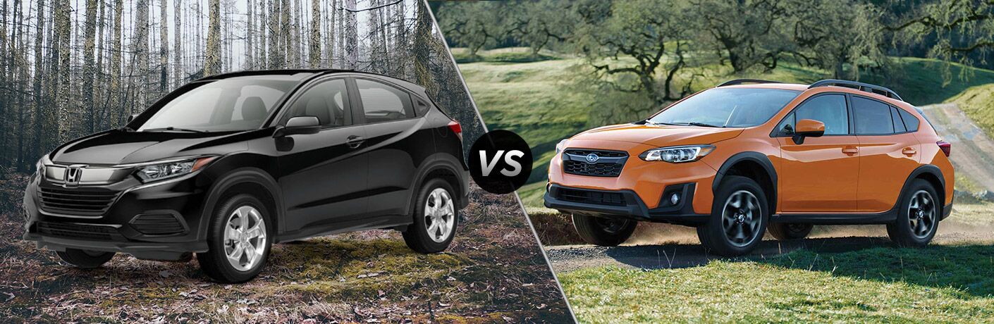 2019 Honda HR-V exterior front fascia and driver side in woods vs 2019 Subaru Crosstrek exterior front fascia and driver side on road with trees and grass