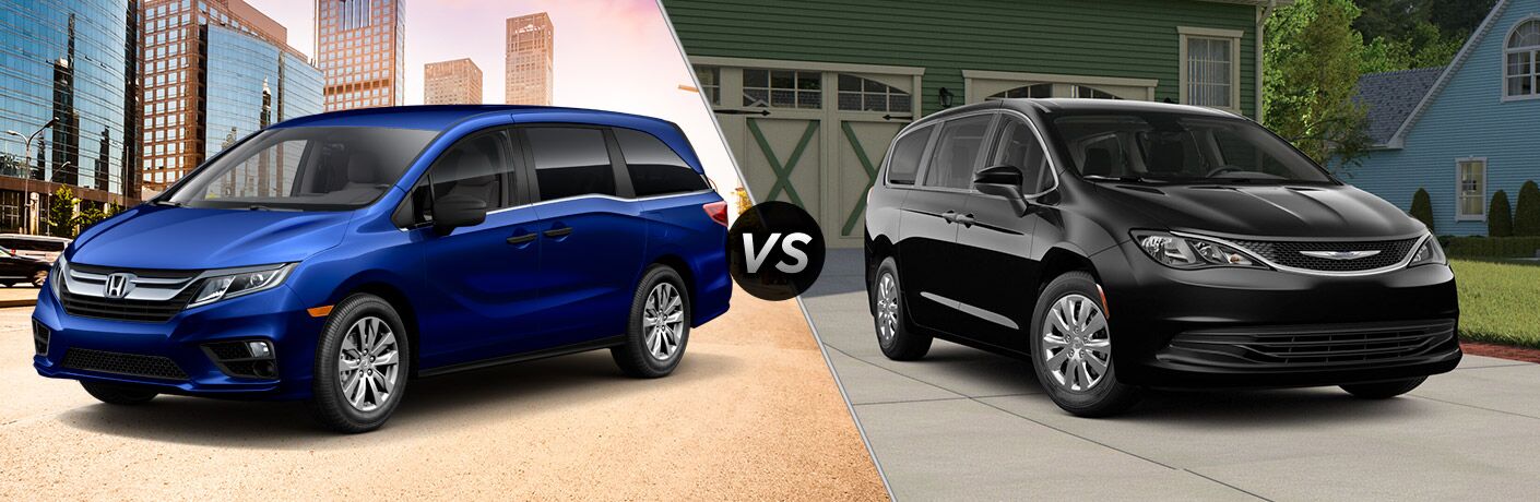 2019 Honda Odyssey exterior front fascia and drivers side in front of city vs 2019 Chrysler Pacifica exterior front fascia and passenger side in front of garages
