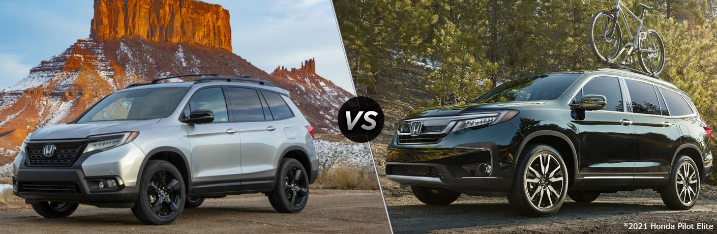 Silver 2021 Honda Passport and black 2021 Honda Pilot Elite