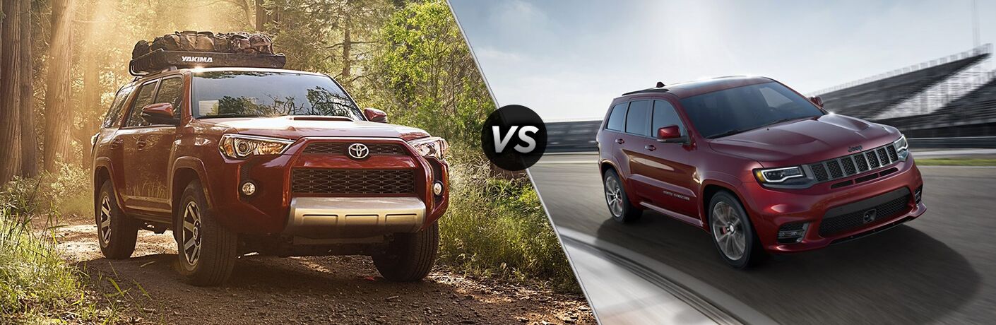maroon 2018 Toyota 4Runner with cargo rack set next to maroon 2018 Jeep Grand Cherokee driving on a curve maroon 2018 Toyota 4Runner with cargo rack set next to maroon 2018 Jeep Grand Cherokee driving on a curve
