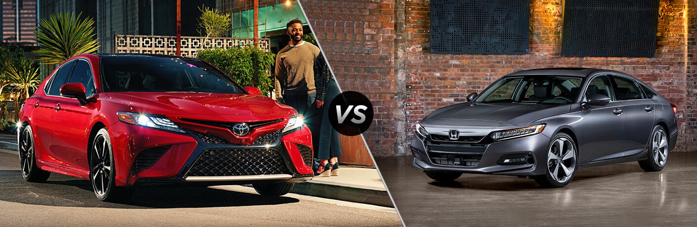 red 2018 Toyota Camry set against gray 2018 Honda Accord red 2018 Toyota Camry set against gray 2018 Honda Accord