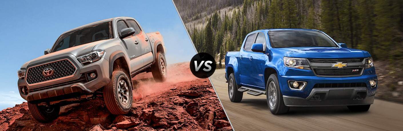gray 2018 Toyota Tacoma driving off-road vs blue 2018 Chevy Colorado gray 2018 Toyota Tacoma driving off-road vs blue 2018 Chevy Colorado