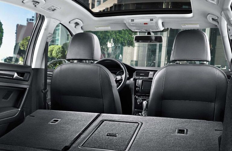 View of the 2017 Volkswagen Golf SportWagen's cabin from the rear folding seats