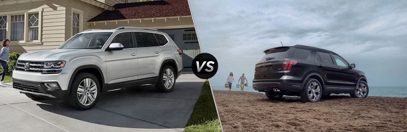 Front driver angle of a white 2019 Volkswagen Atlas on left VS rear passenger angle of a black 2019 Ford Explorer on right