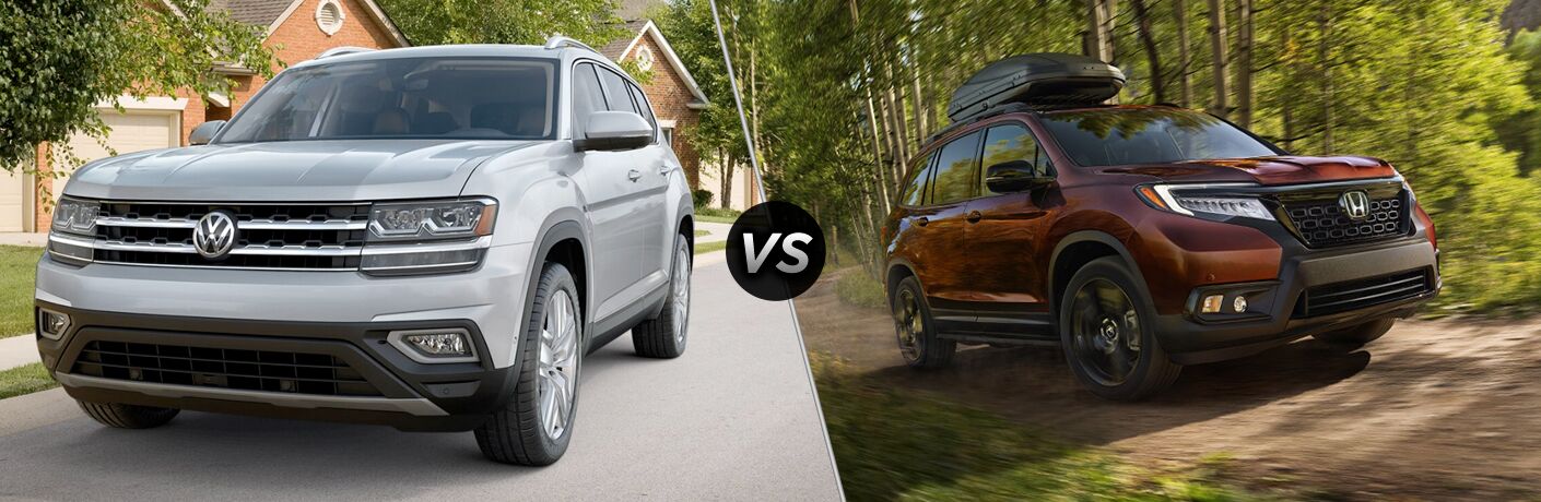 Front driver angle of a white 2019 Volkswagen Atlas on left VS front passenger angle of a red 2019 Honda Passport on right
