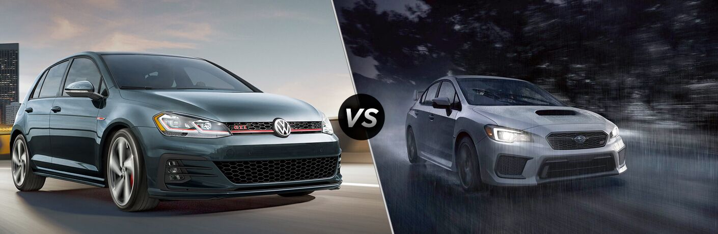 Front passenger angle of a green 2019 Volkswagen Golf GTI on left VS front passenger angle of a white 2019 Subaru WRX on right
