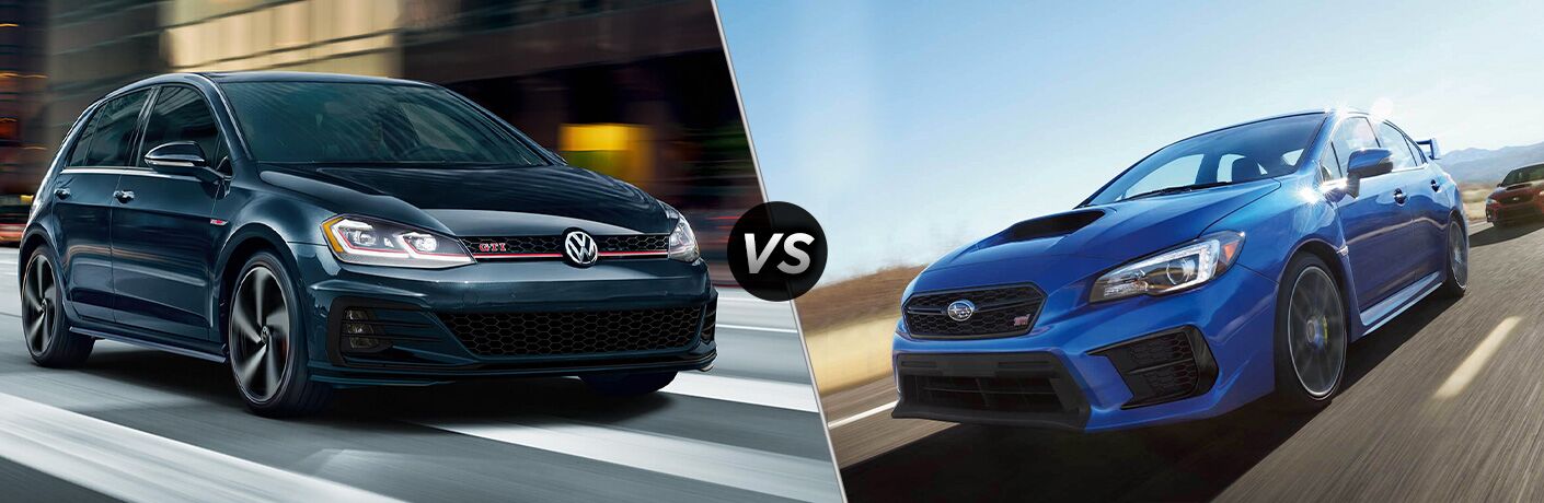 2020 Volkswagen Golf GTI next to a 2020 Subaru WRX