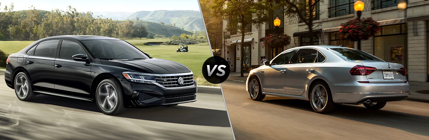 A side-by-side comparison between a dark gray 2020 Volkswagen Passat and a light gray 2019 Passat