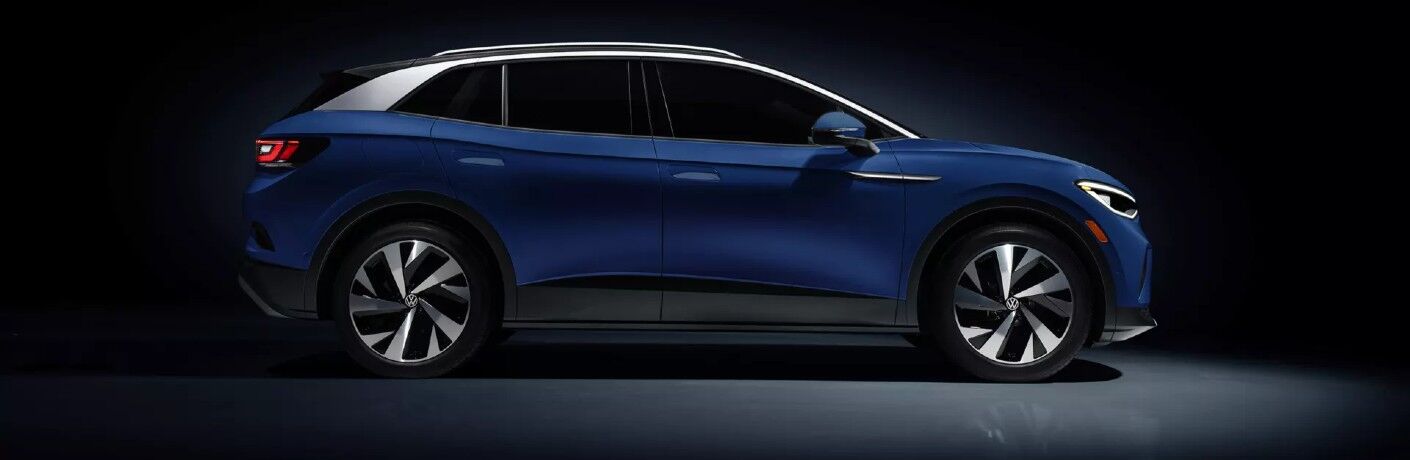 Passenger angle of a blue 2021 Volkswagen ID.4