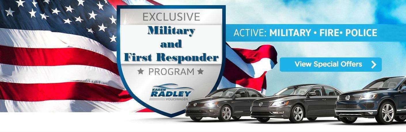 Badge over American Flag with Volkswagen models in the foreground