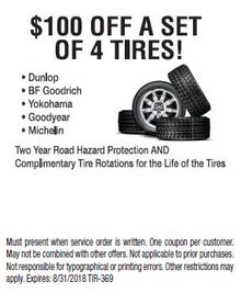 $100 OFF A Set Of 4 Tires $100 OFF A Set Of 4 Tires