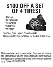 $100 OFF A Set Of 4 Tires $100 OFF A Set Of 4 Tires