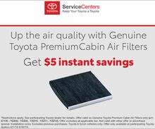 $5 off Toyota Cabin Air Filters $5 off Toyota Cabin Air Filters