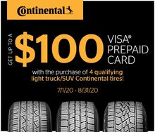 Continental Tires- Get up to a $100 Visa Prepaid Card Continental Tires- Get up to a $100 Visa Prepaid Card