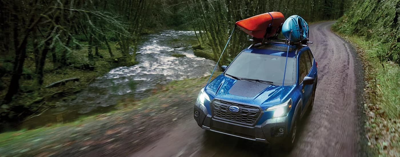 Blue 2023 Subaru Forester Wilderness driving down a forest road.