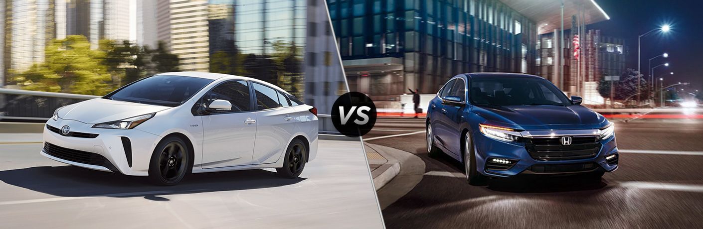 White 2020 Toyota Prius, VS icon, and blue 2020 Honda Insight White 2020 Toyota Prius, VS icon, and blue 2020 Honda Insight