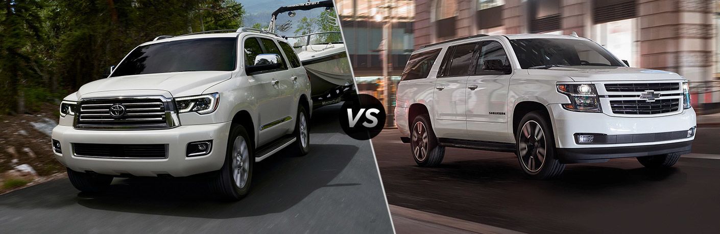 White 2020 Toyota Sequoia, VS icon, and white 2020 Chevrolet Suburban White 2020 Toyota Sequoia, VS icon, and white 2020 Chevrolet Suburban