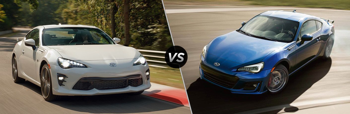 White 2020 Toyota 86, VS icon, and blue 2020 Subaru BRZ White 2020 Toyota 86, VS icon, and blue 2020 Subaru BRZ
