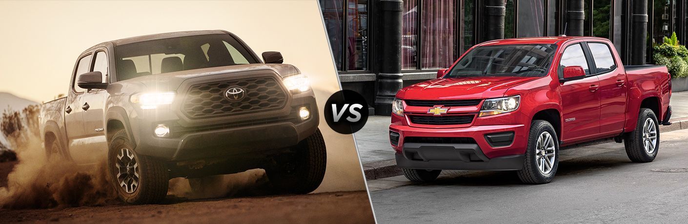 Light brown 2020 Toyota Tacoma, VS icon, and red 2020 Chevrolet Colorado Light brown 2020 Toyota Tacoma, VS icon, and red 2020 Chevrolet Colorado