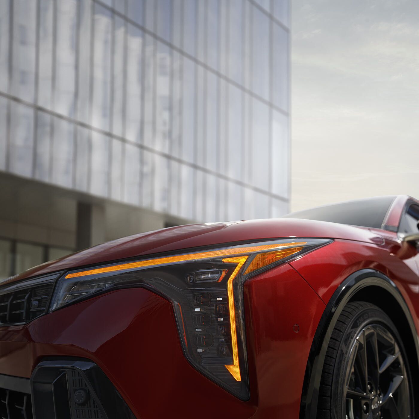 2025 Kia K4 close up of LED cube projector headlights