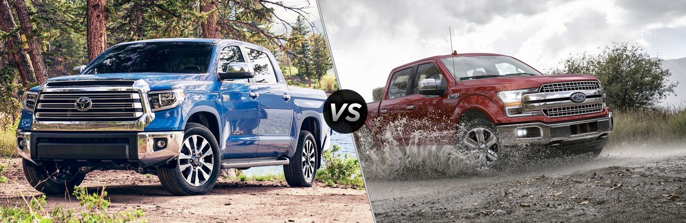 Blue 2020 Toyota Tundra, VS icon, and red 2020 Ford F-150 Blue 2020 Toyota Tundra, VS icon, and red 2020 Ford F-150