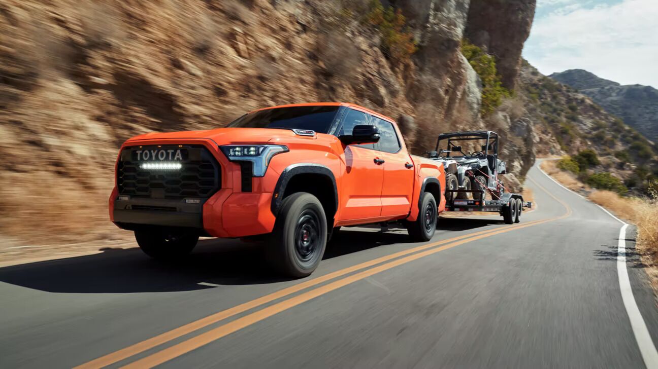 2023 Toyota Tundra i-FORCE MAXTRD Pro CrewMax shown in Solar Octane. Prototype shown with options. 2023 Toyota Tundra i-FORCE MAXTRD Pro CrewMax shown in Solar Octane. Prototype shown with options.