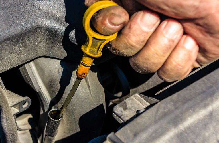 technician checking oil level in car