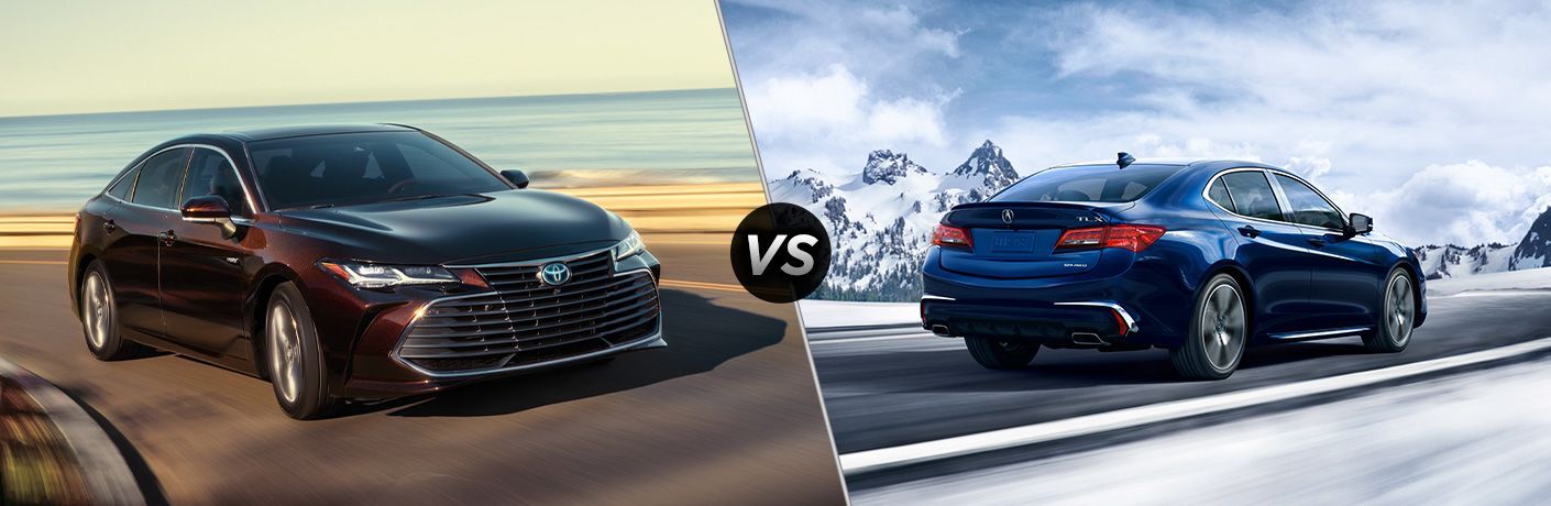Reddish-brown 2020 Toyota Avalon, VS icon, and blue 2020 Acura TLX Reddish-brown 2020 Toyota Avalon, VS icon, and blue 2020 Acura TLX